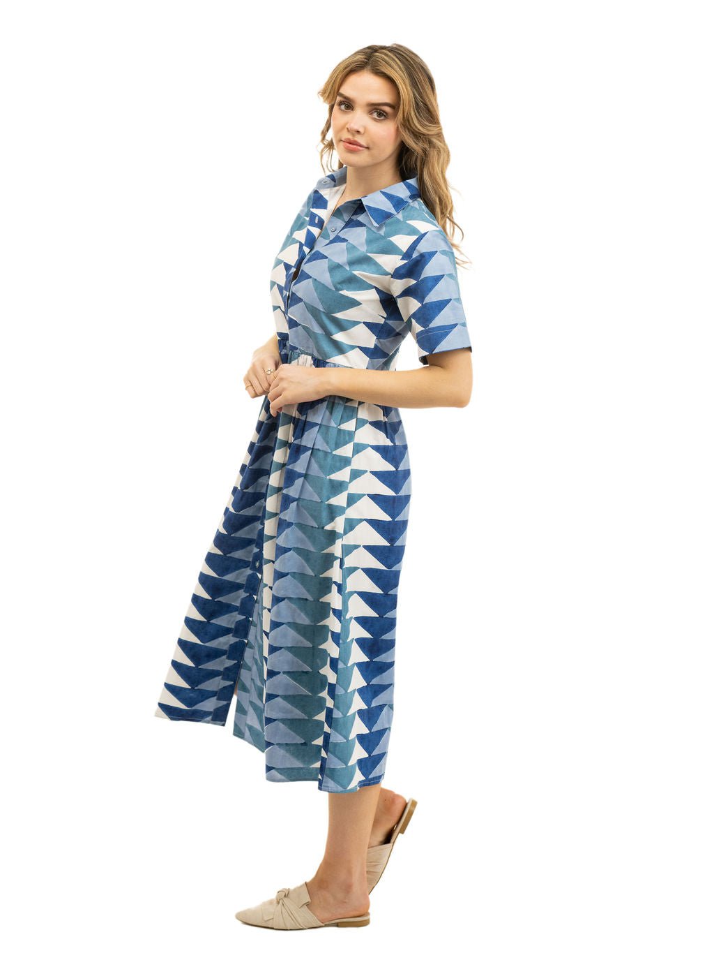 Beau & Ro Dress The Elle Midi Dress | Blue Bagru Triangle