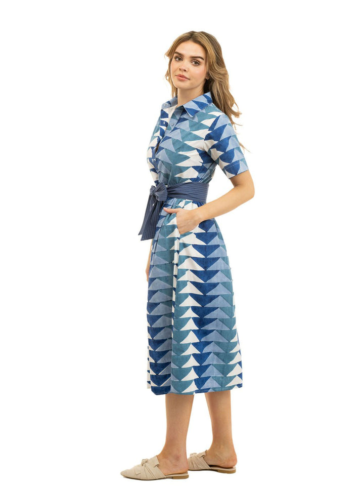 Beau & Ro Dress The Elle Midi Dress | Blue Bagru Triangle