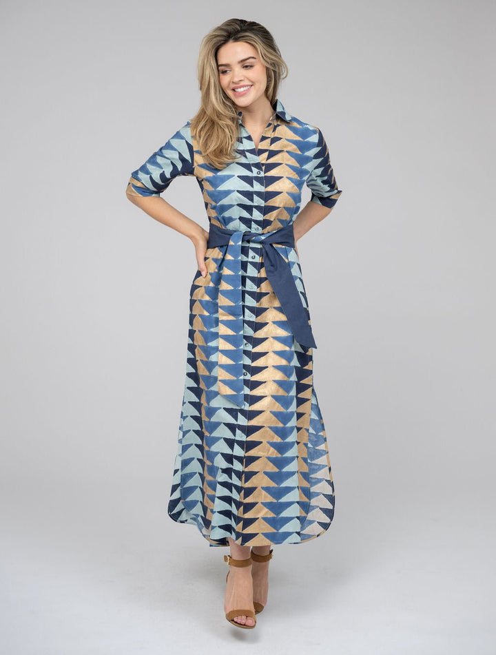 Beau & Ro Dress The Eloise Dress | Blue & Gold Bagru Triangle