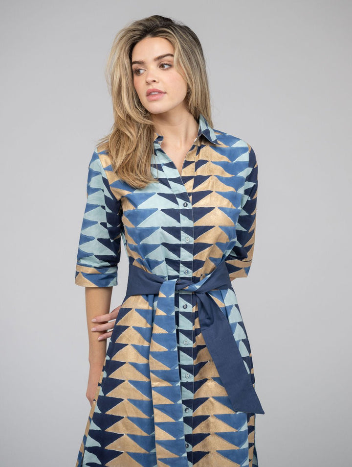 Beau & Ro Dress The Eloise Dress | Blue & Gold Bagru Triangle