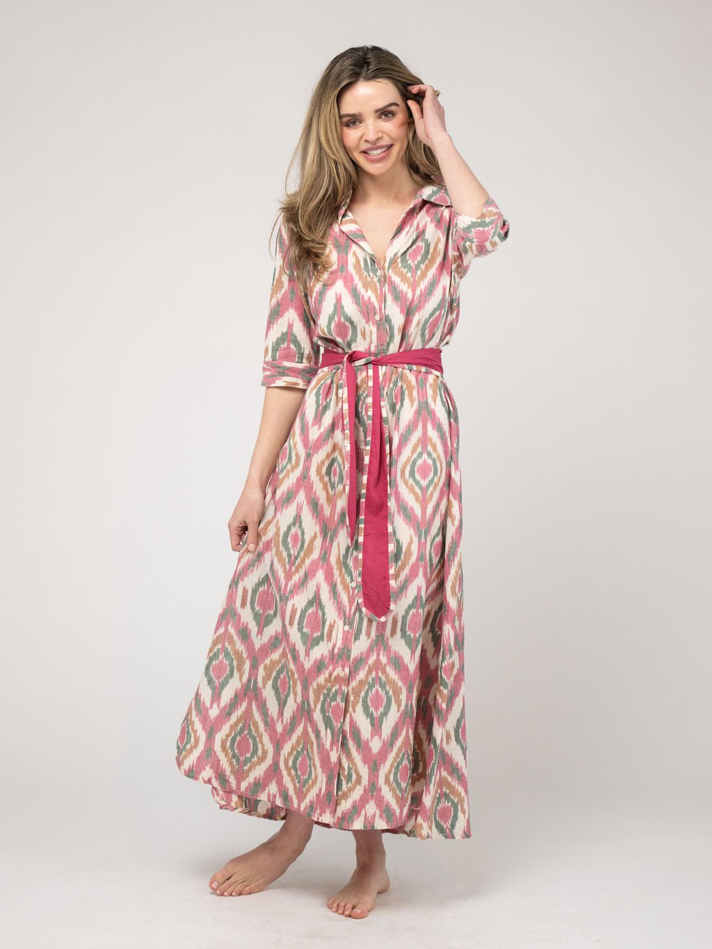 Beau & Ro Dress The Eloise Dress | Eco Pink & Green Ikat