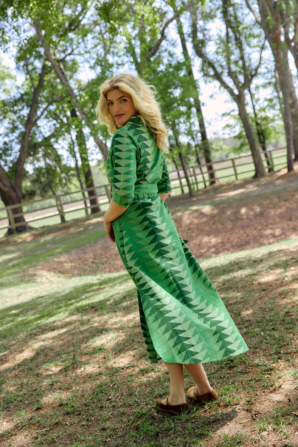 Beau & Ro Dress The Eloise Dress | Fall Green Bagru Triangle
