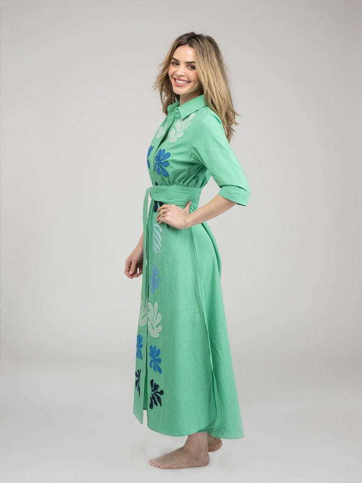 Beau & Ro Dress The Eloise Dress | Green Aqua Appliqué