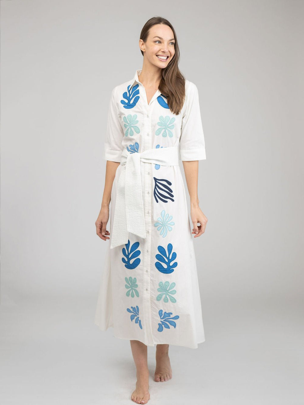 Beau & Ro Dress The Eloise Dress | White Aqua Appliqué