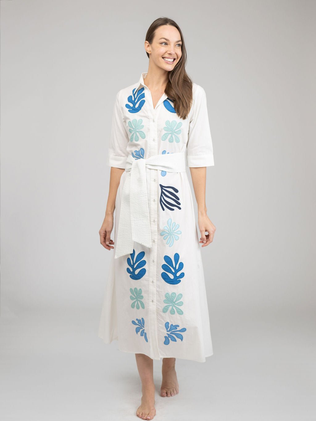Beau & Ro Dress The Eloise Dress | White Aqua Appliqué