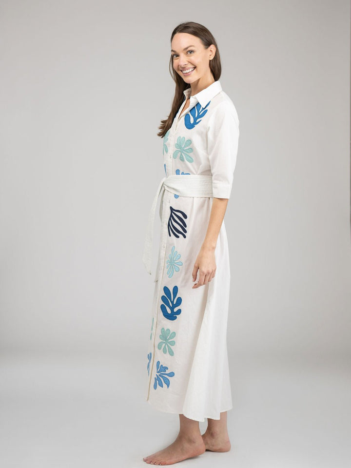 Beau & Ro Dress The Eloise Dress | White Aqua Appliqué
