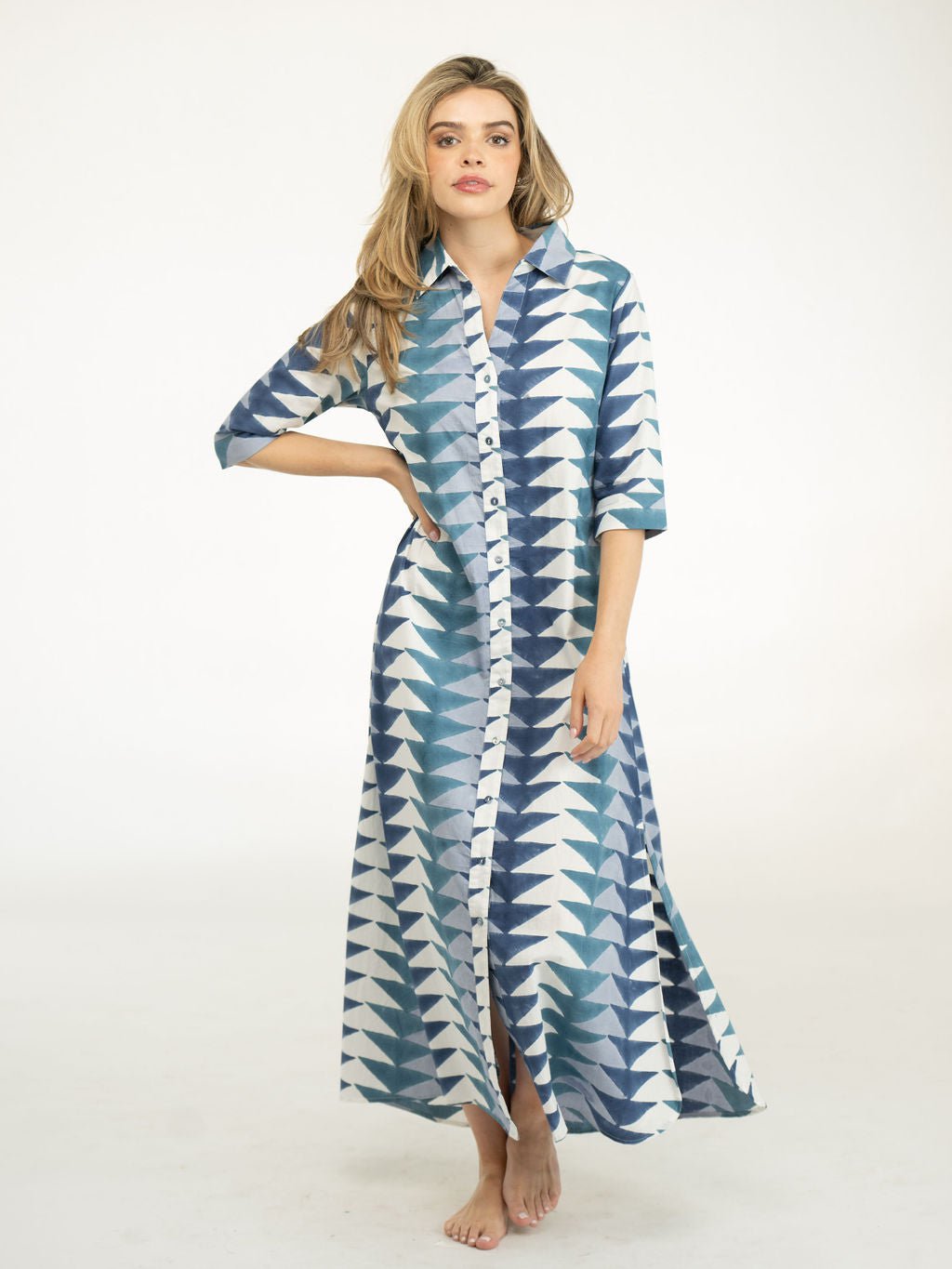 Beau & Ro Dress The Eloise Shirt Dress | Blue Bagru Triangle
