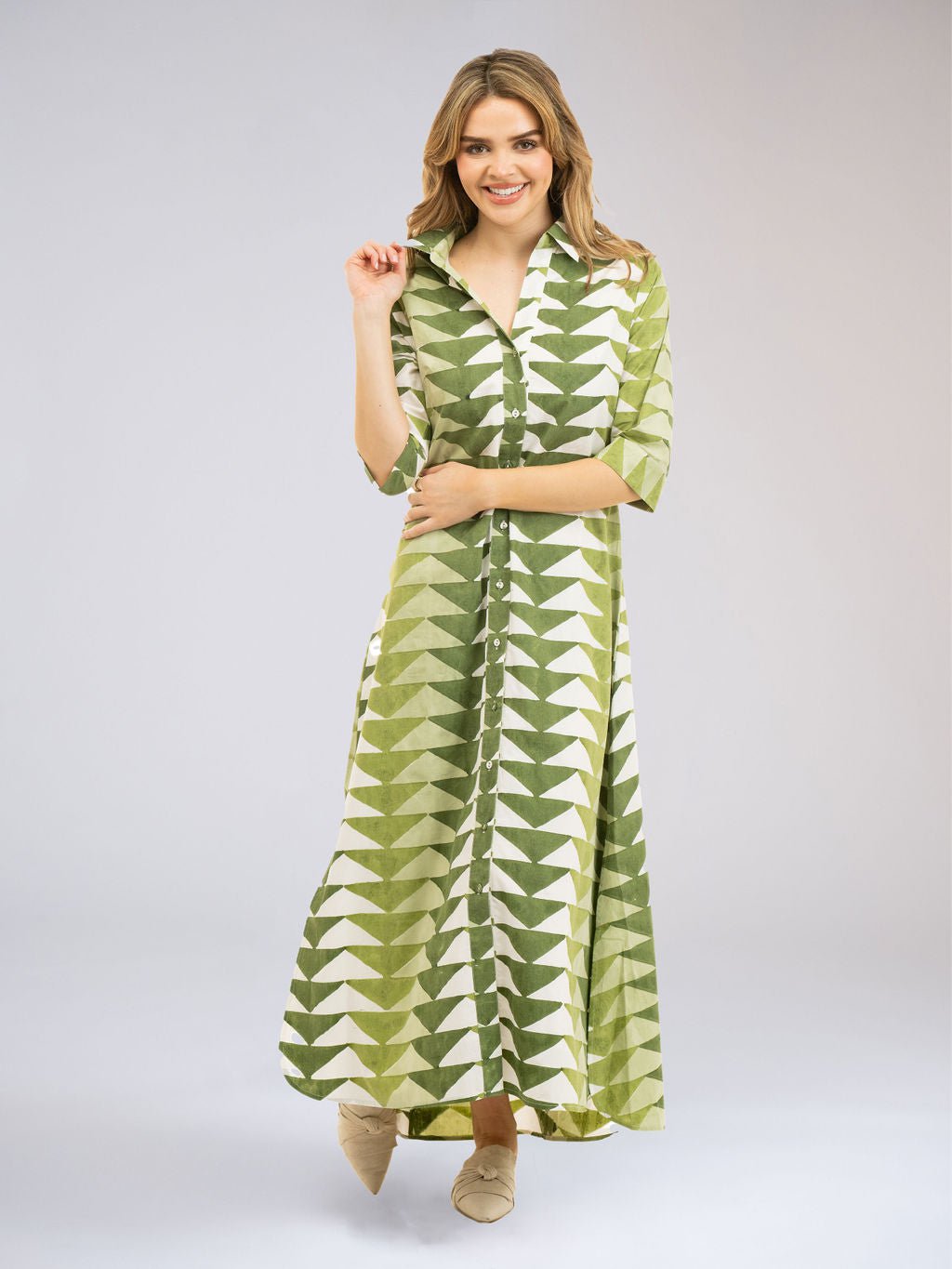 Beau & Ro Dress The Eloise Shirt Dress | Green Bagru Triangle