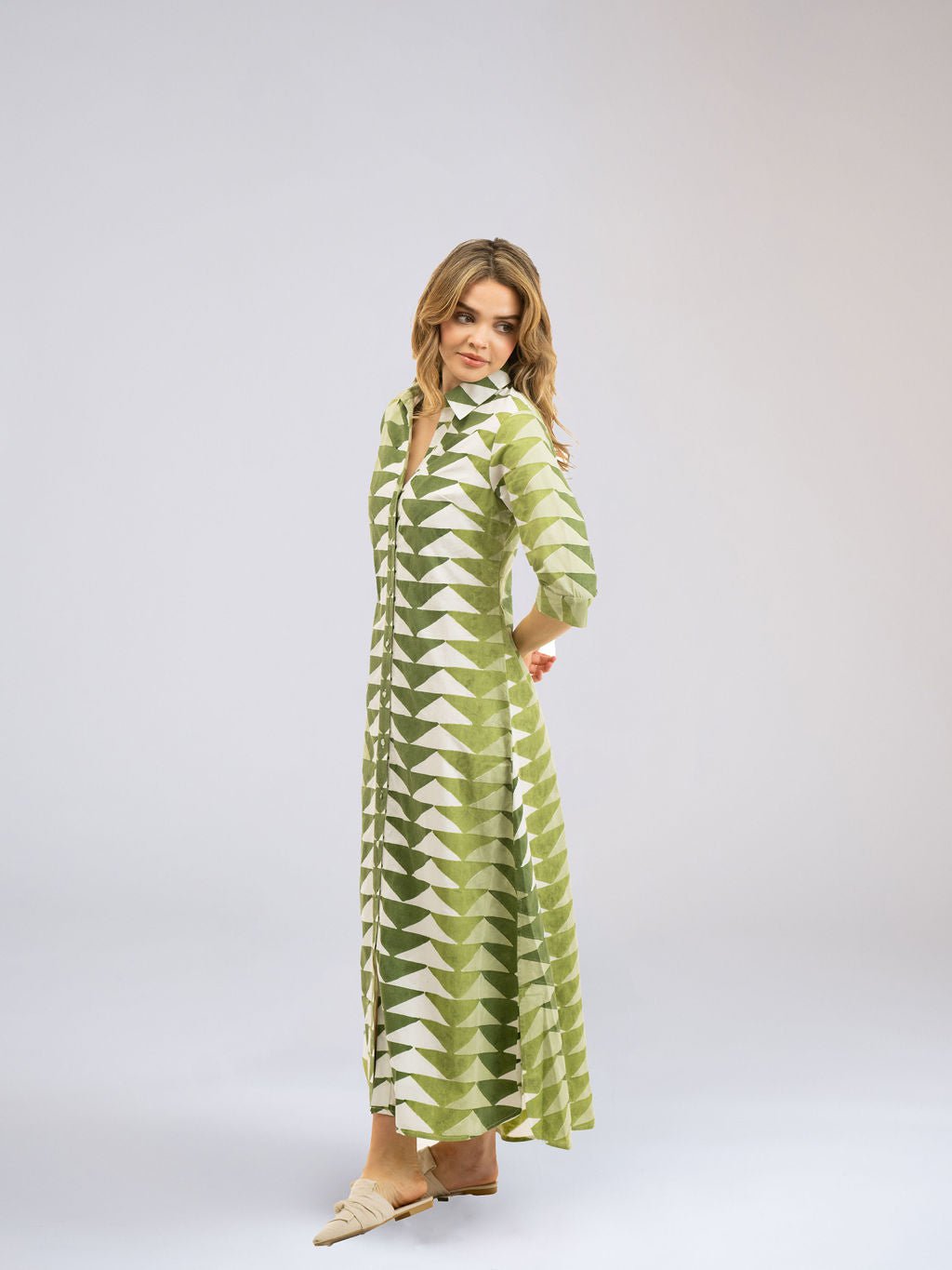 Beau & Ro Dress The Eloise Shirt Dress | Green Bagru Triangle