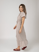 Beau & Ro Dress The Flutter Midi Dress in Brown Stripe