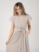 Beau & Ro Dress The Flutter Midi Dress in Brown Stripe