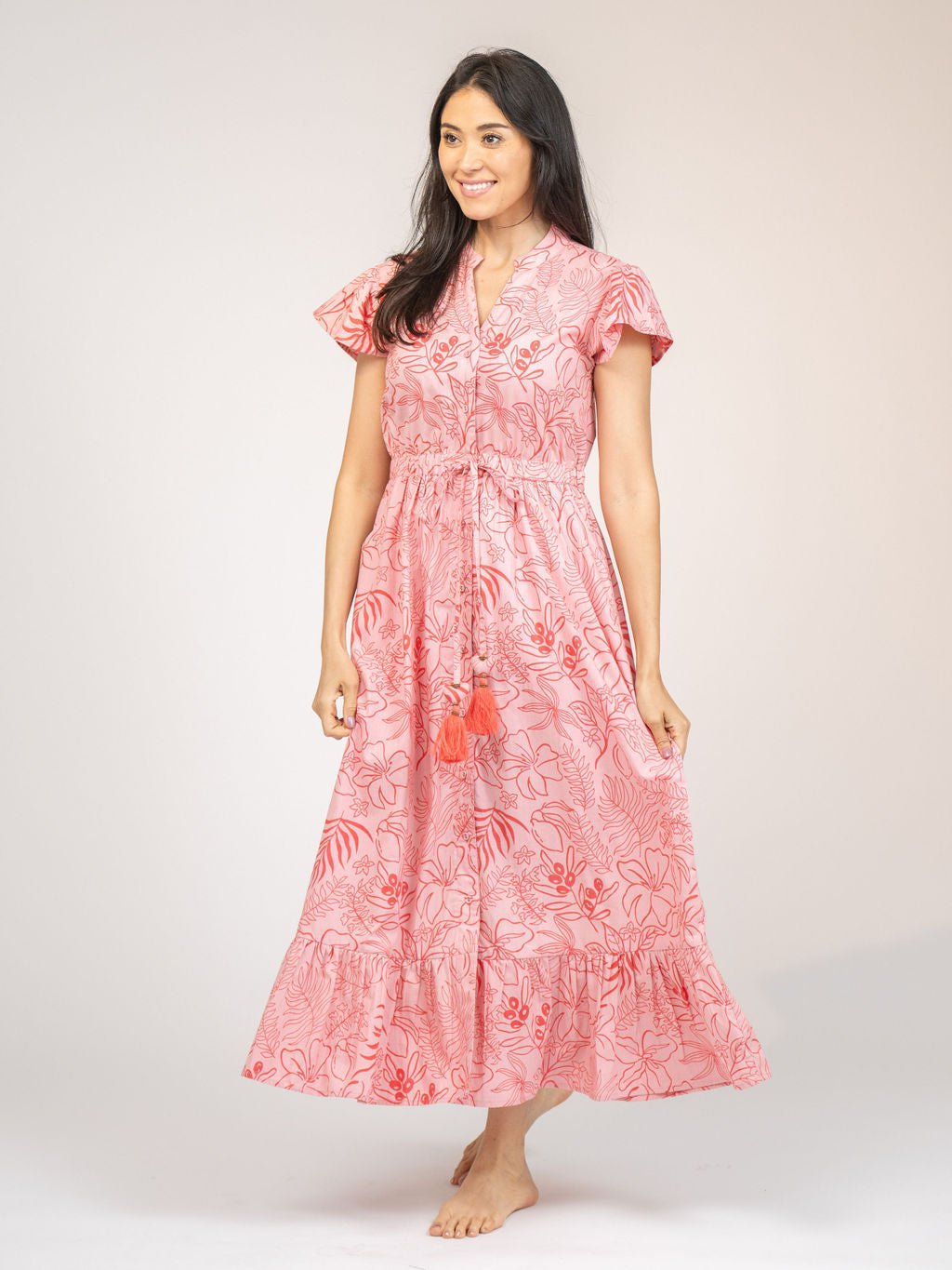 Beau & Ro Dress The Flutter Midi Dress | Pink Flora Sketch