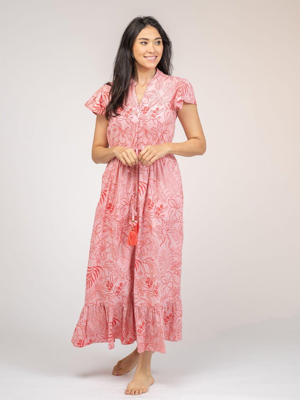 Beau & Ro Dress The Flutter Midi Dress | Pink Flora Sketch