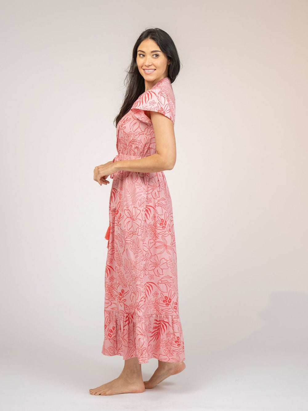 Beau & Ro Dress The Flutter Midi Dress | Pink Flora Sketch