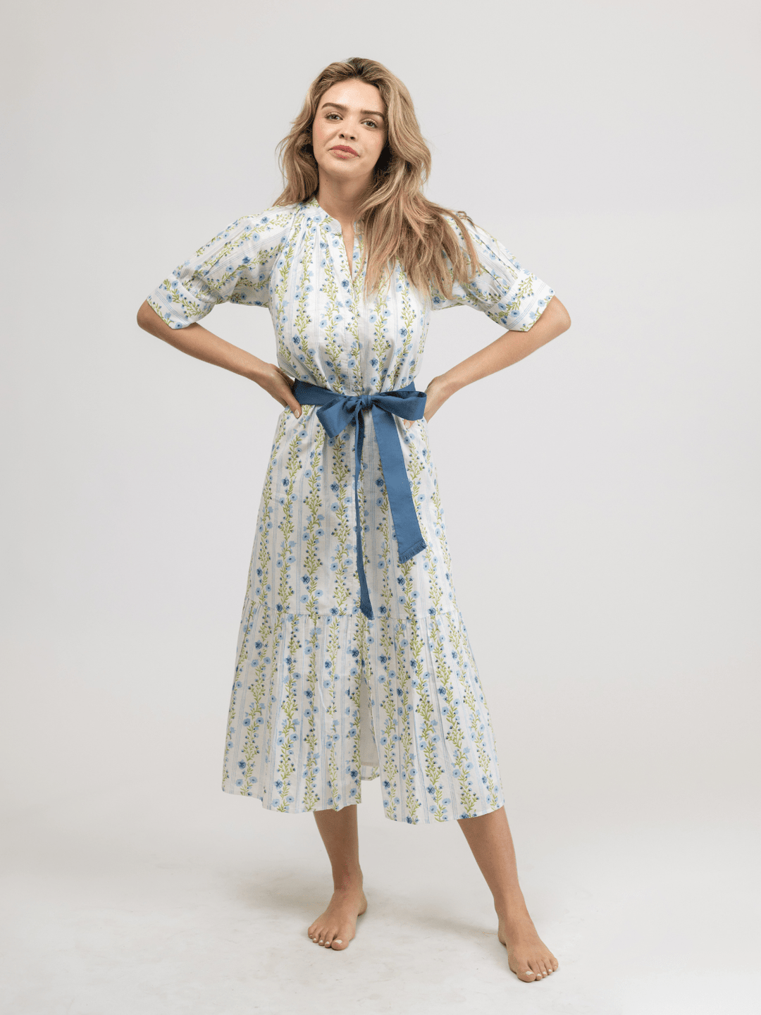 Beau & Ro Dress Small SAMPLE | The Jane Midi Dress | Blue Floral Stripe | Small