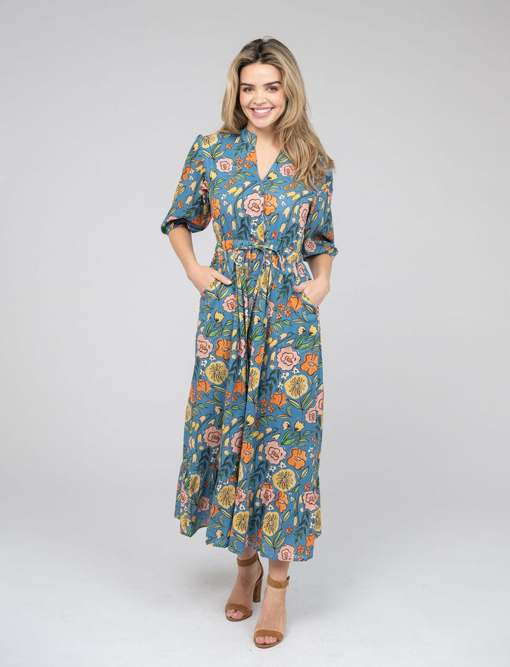 Beau & Ro Dress The Lily Midi Dress | Blue Fall Garden