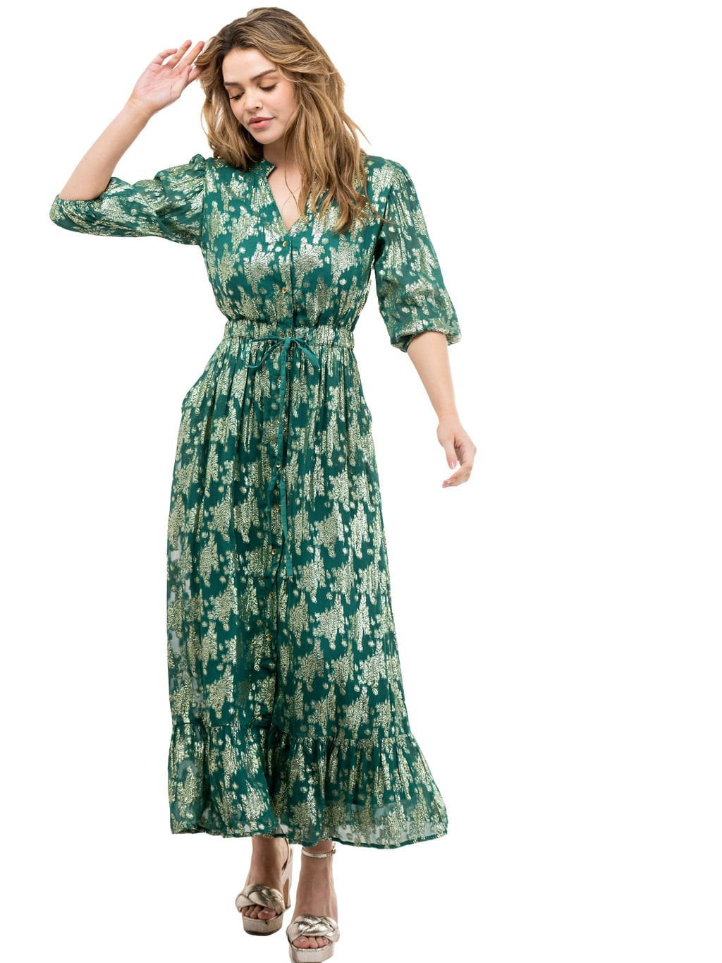 Beau & Ro Dress The Lily Midi Dress | Green Floral Shine