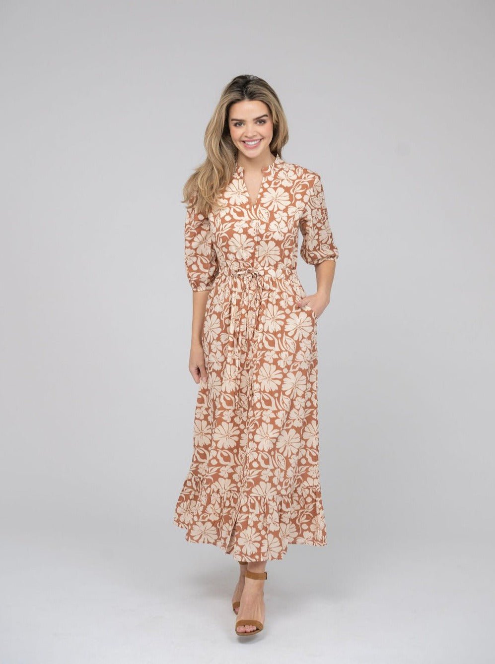 Beau & Ro Dress The Lily Midi Dress | Tan Flower Power