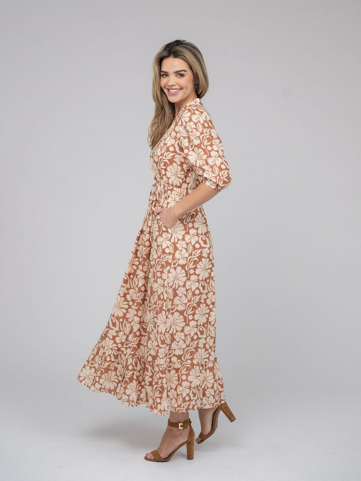 Beau & Ro Dress The Lily Midi Dress | Tan Flower Power