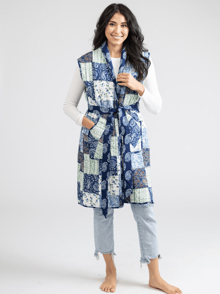 Beau & Ro Jacket Quilted Long Vest in Large Blue Square