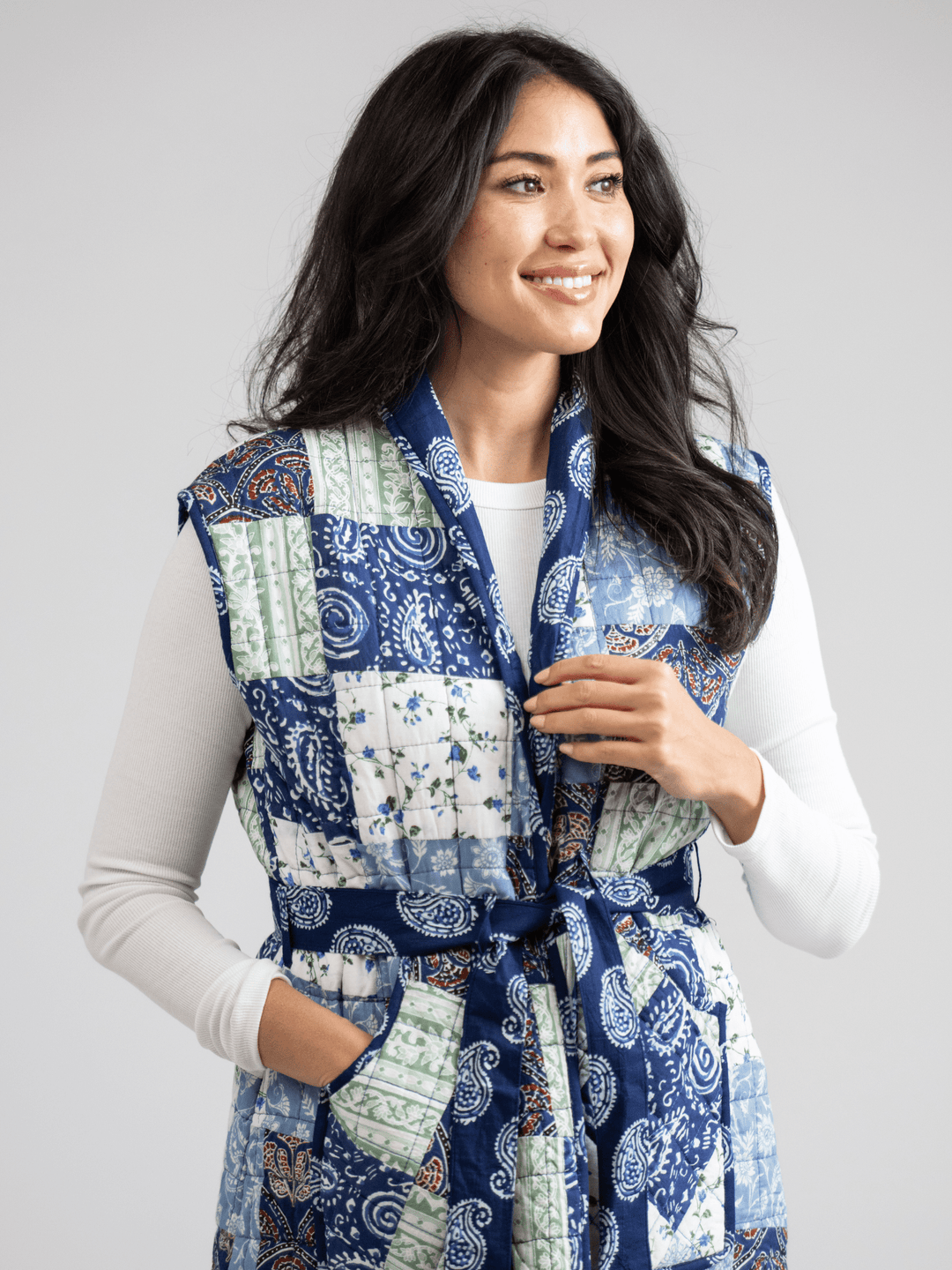 Beau & Ro Jacket Quilted Long Vest in Large Blue Square