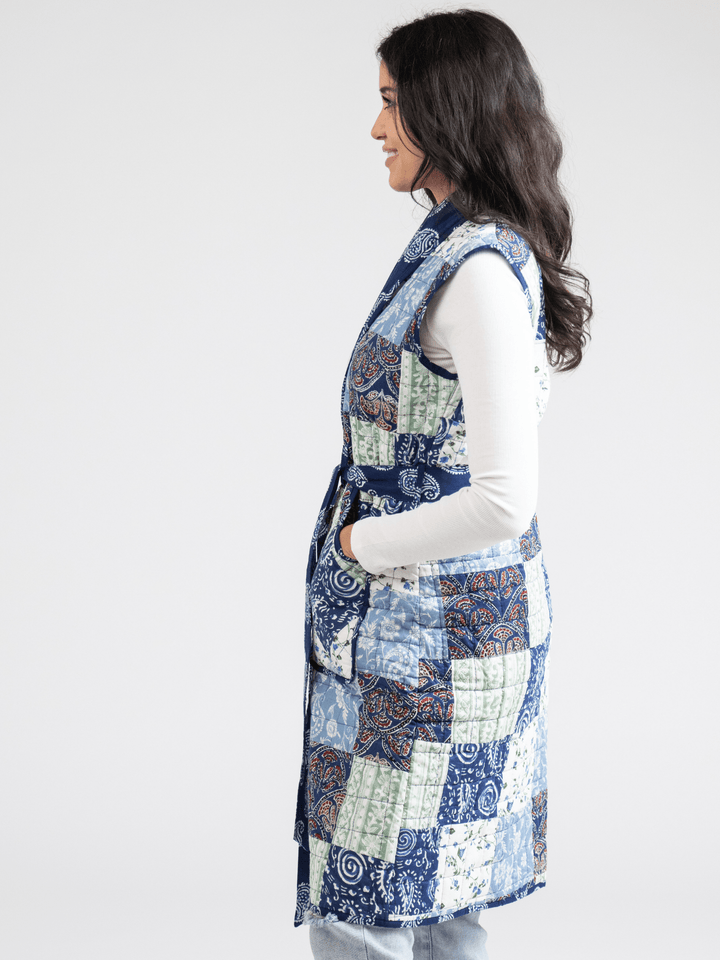 Beau & Ro Jacket Quilted Long Vest in Large Blue Square