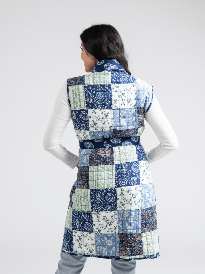 Beau & Ro Jacket Quilted Long Vest in Large Blue Square