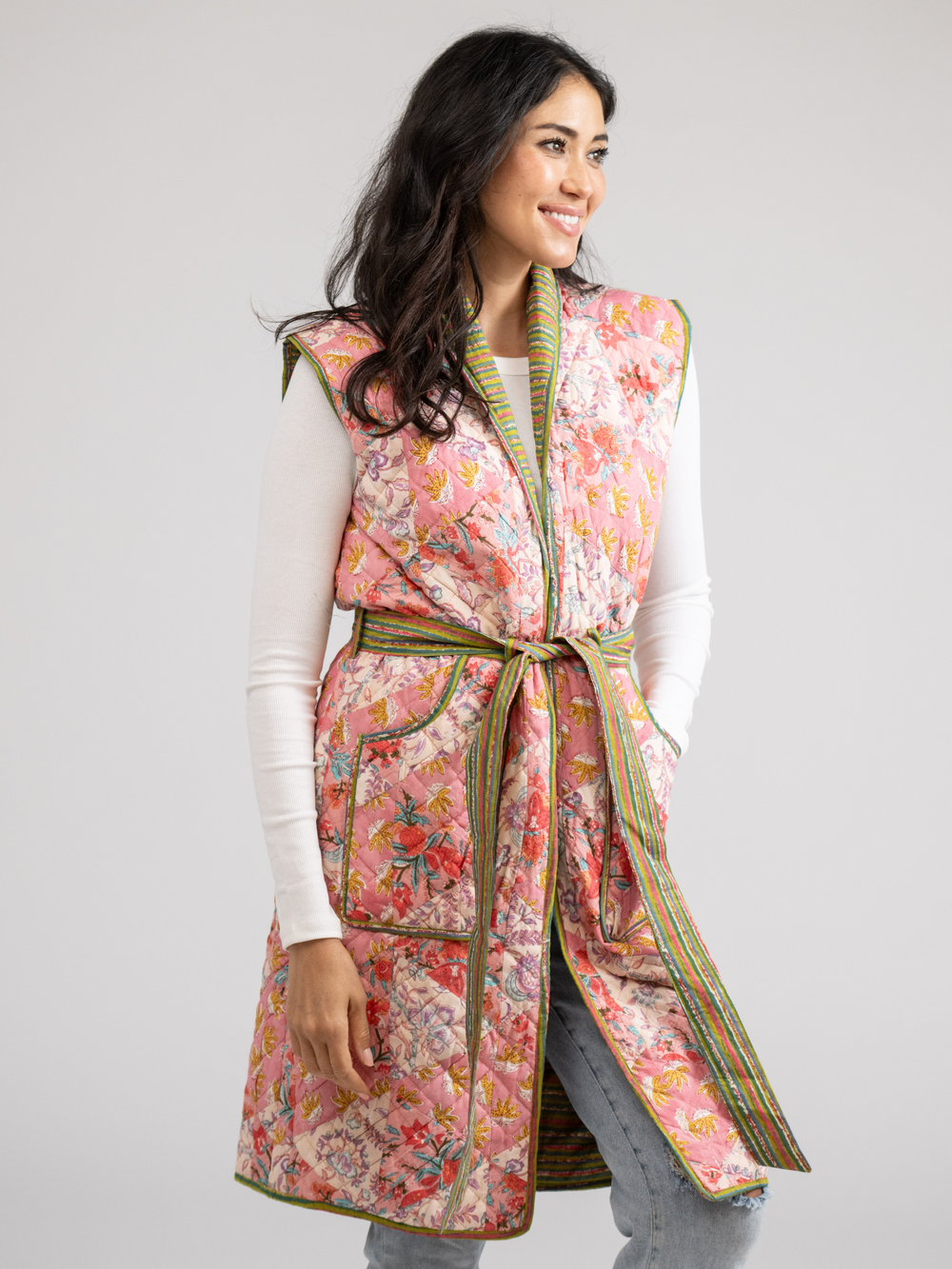 Beau & Ro Jacket Quilted Long Vest in Pink Triangles