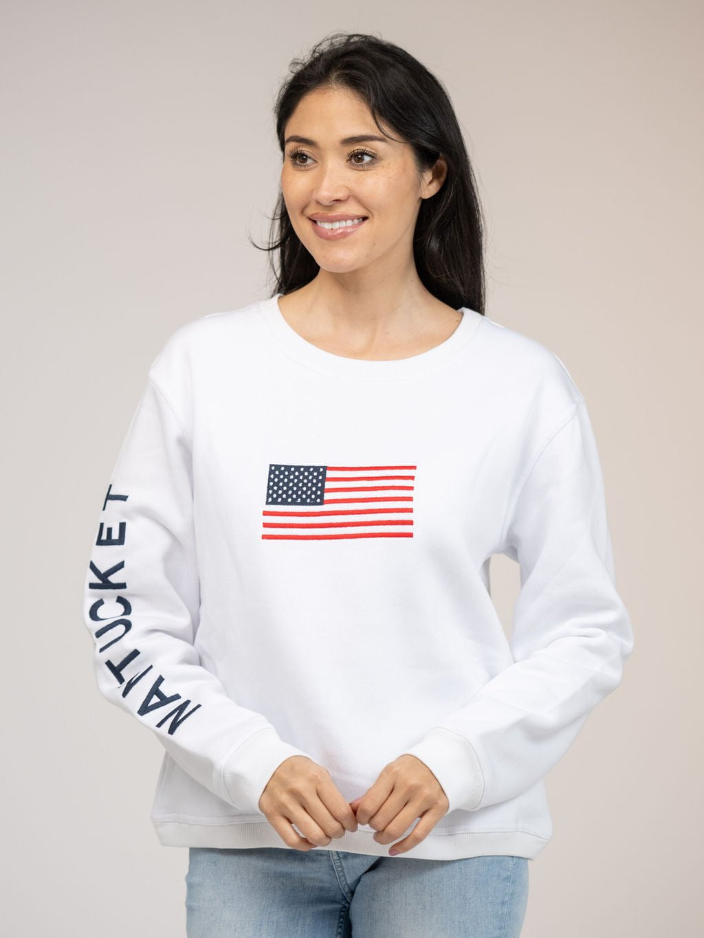 Beau & Ro Sweater American Flag Nantucket Crewneck Sweatshirt in White