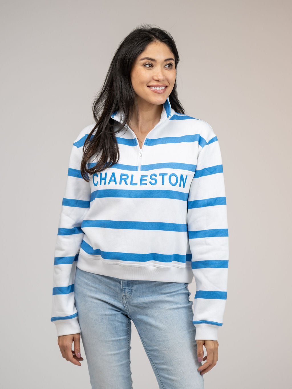 Beau & Ro Sweater Charleston Half Zip in Blue Stripes