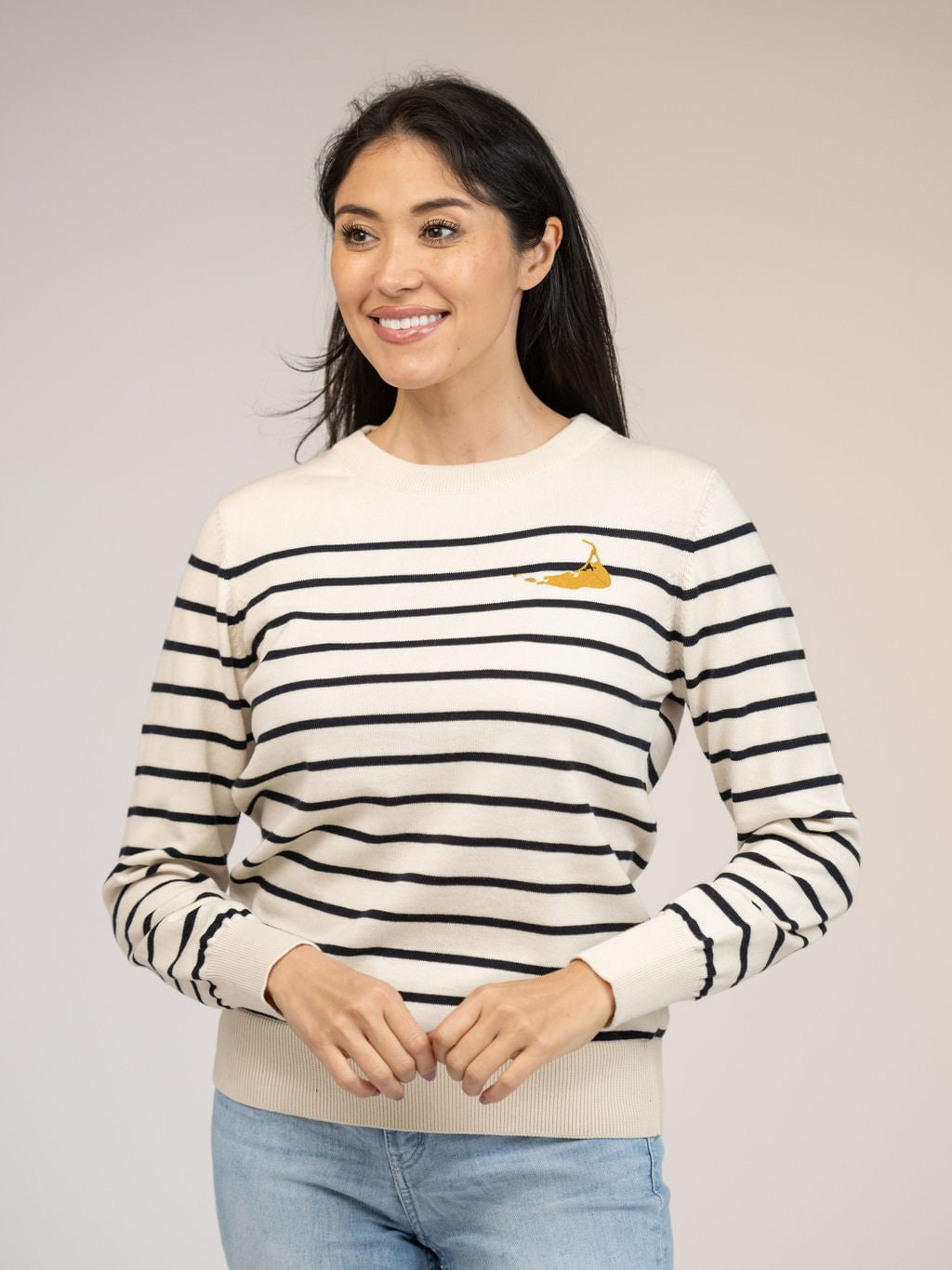 Beau & Ro Sweater Ivory Striped Sweater with Nantucket Island Embroidery