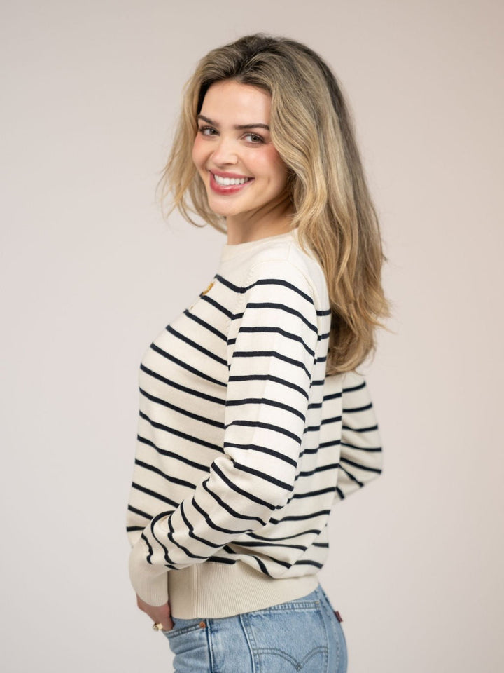 Beau & Ro Sweater Ivory Striped Sweater with Palmetto Tree Embroidery