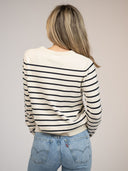 Beau & Ro Dress Small SAMPLE | Ivory Striped Sweater with Palmetto Tree Embroidery | Small