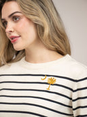 Beau & Ro Dress Small SAMPLE | Ivory Striped Sweater with Palmetto Tree Embroidery | Small
