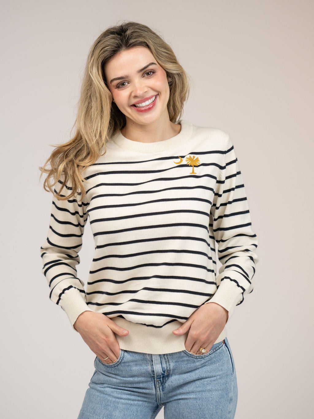 Beau & Ro Sweater Ivory Striped Sweater with Palmetto Tree Embroidery