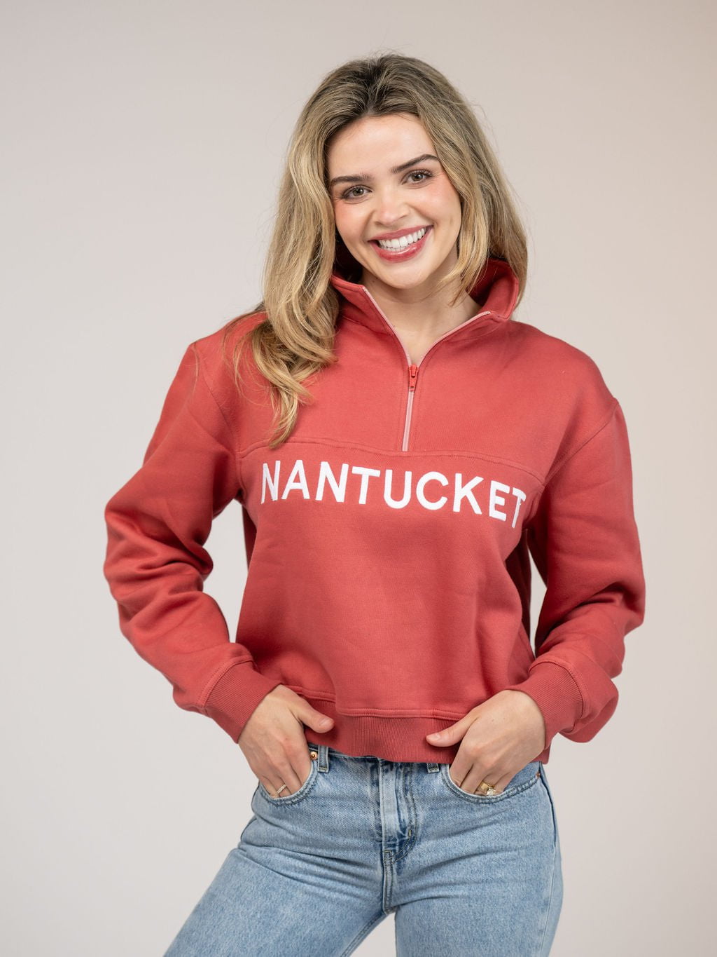 Beau & Ro Sweater Nantucket Half Zip Sweatshirt in Nantucket Red