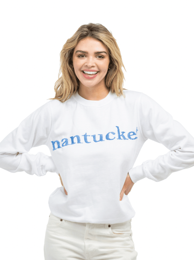 Beau & Ro Sweatshirt Beau & Ro | Embroidered Nantucket Sweatshirt in White & Blue