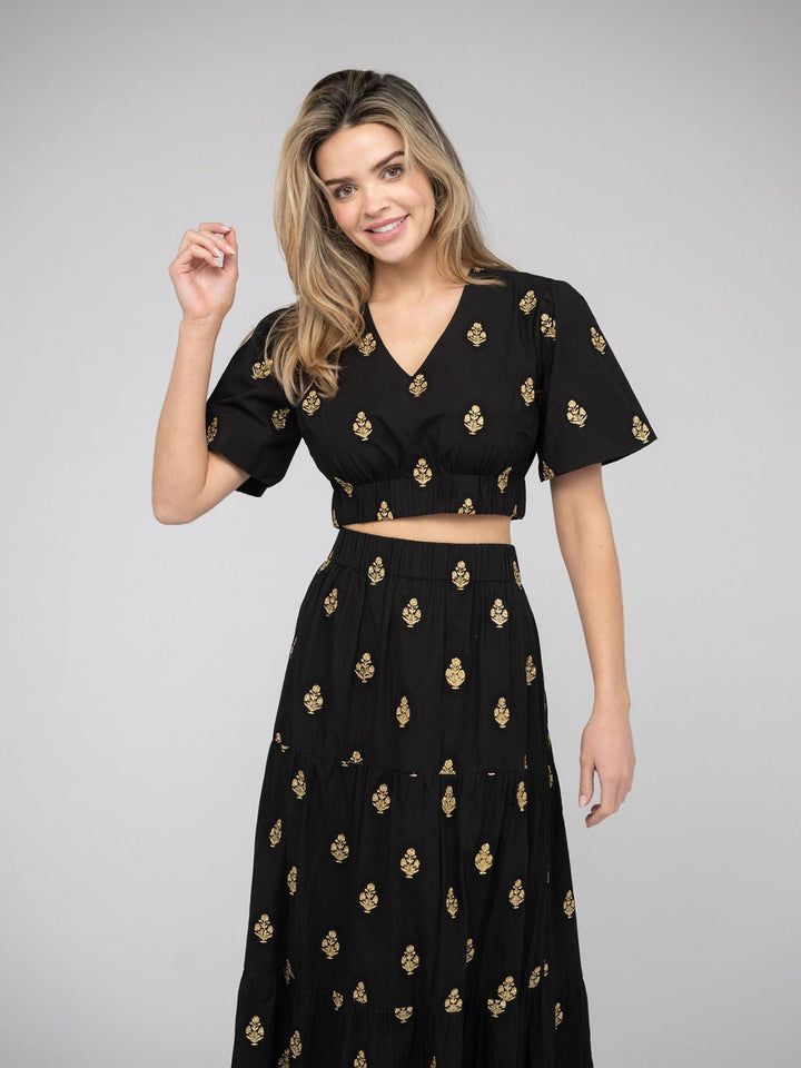 Beau & Ro Top The Abby Top | Gold & Black Embroidery