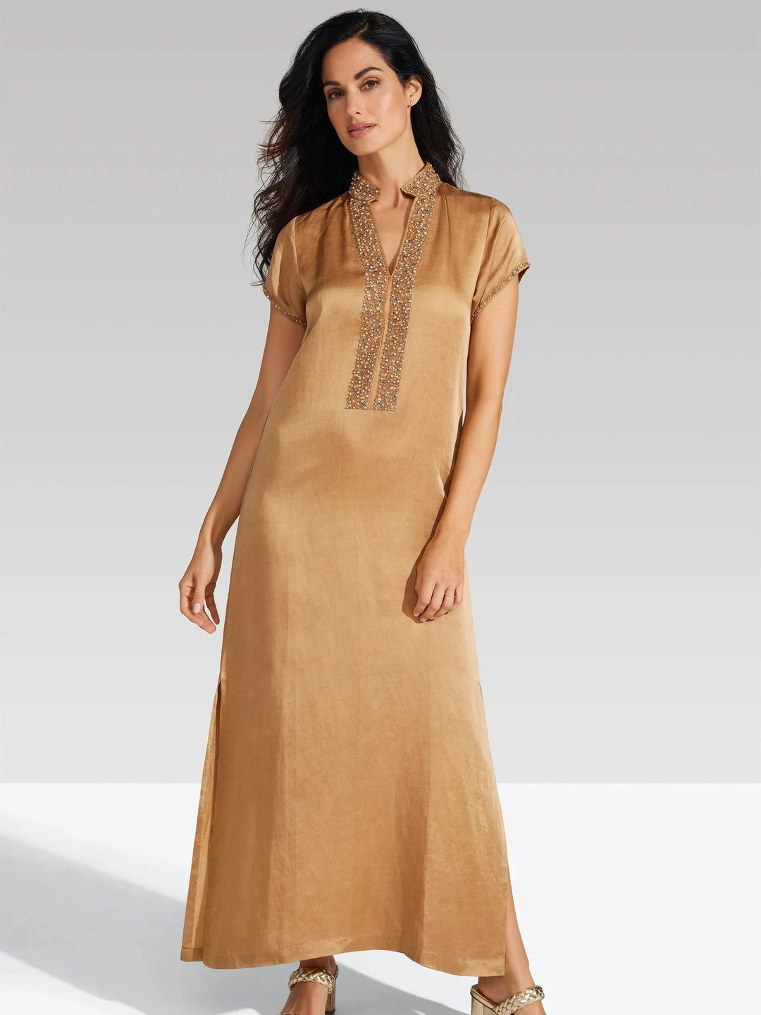 Bella Tu Dress Meg Cap Sleeve Kaftan in Almond