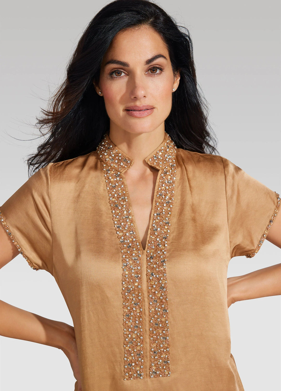 Bella Tu Dress Meg Cap Sleeve Kaftan in Almond