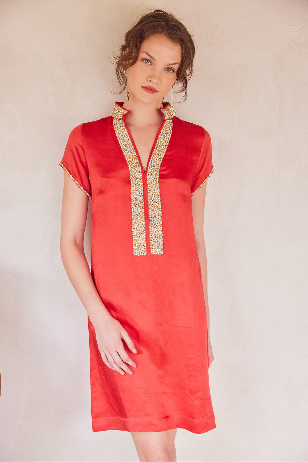 Bella Tu Dress Pearl Cap Sleeve Dress in Red