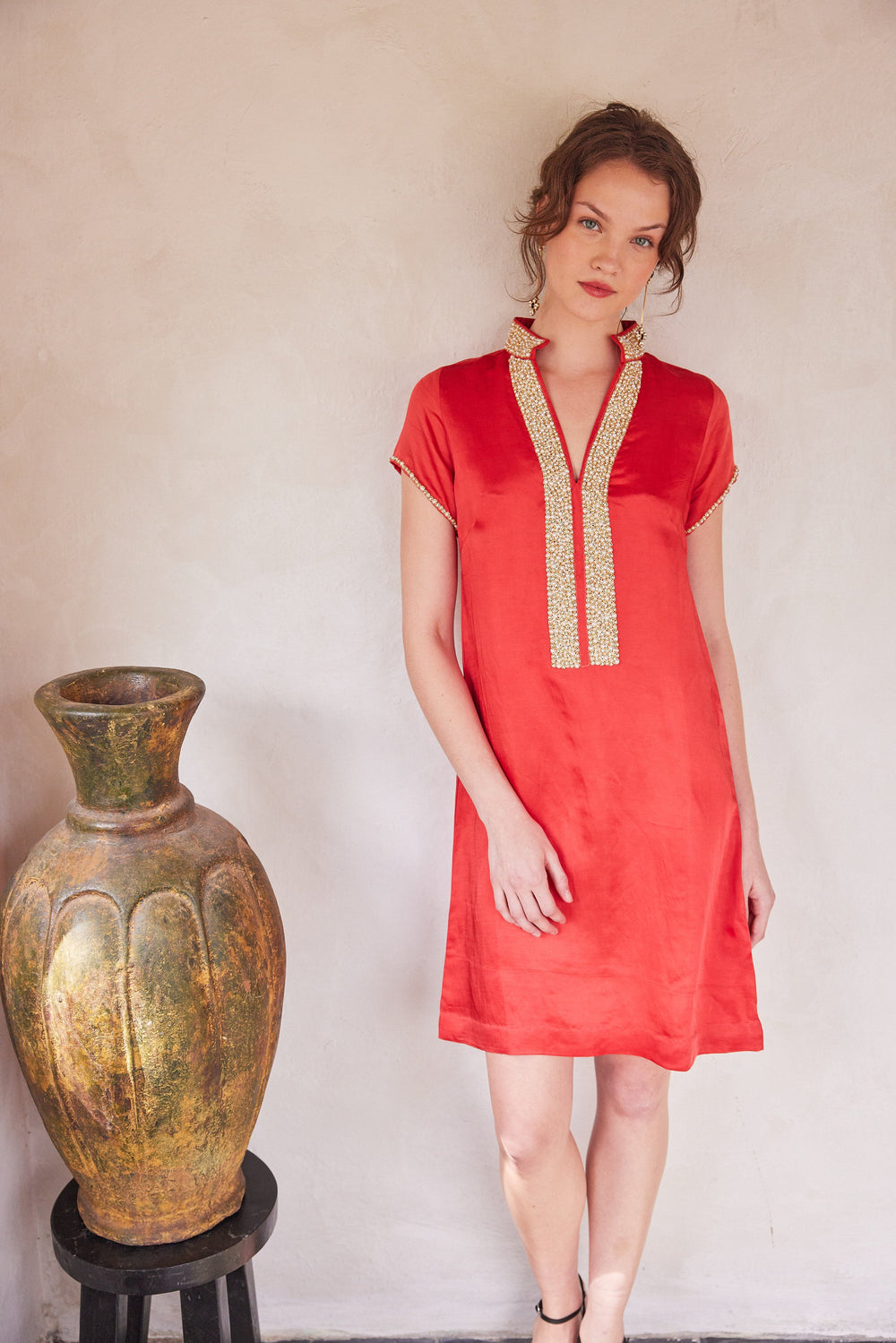 Bella Tu Dress Pearl Cap Sleeve Dress in Red