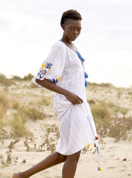 Benaras Dress Benaras | Stripes Sunflower Puff Dress in White
