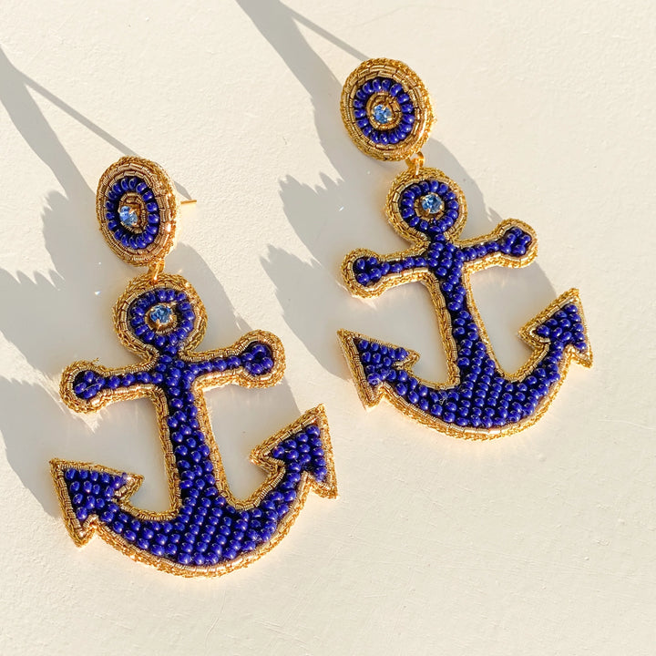 Yacht Anchor Earrings in Navy Blue