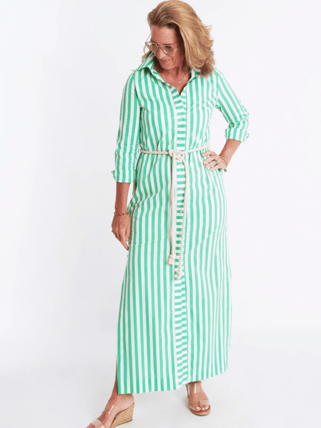 CK Bradley Dress Monteith Caftan in Green Stripe