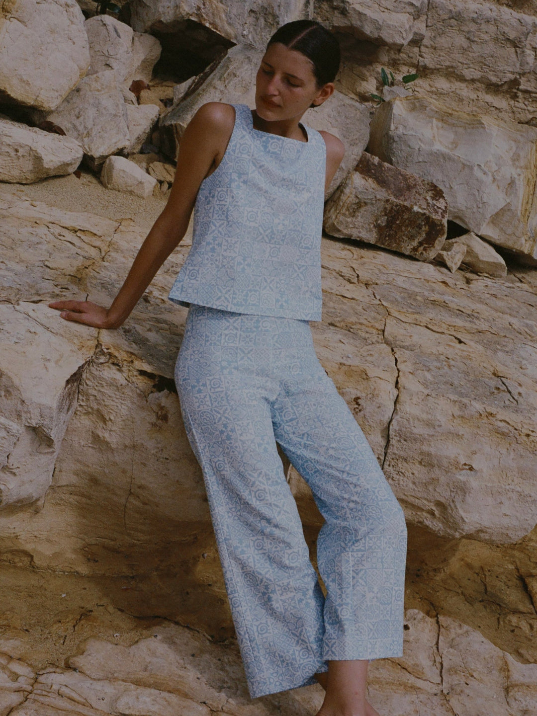 Coco Shop Pants High Waisted Wide Leg Pants in Blue Checkerboard