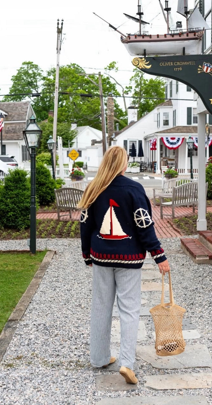 Varsity Coastal Cardigan in Navy/White