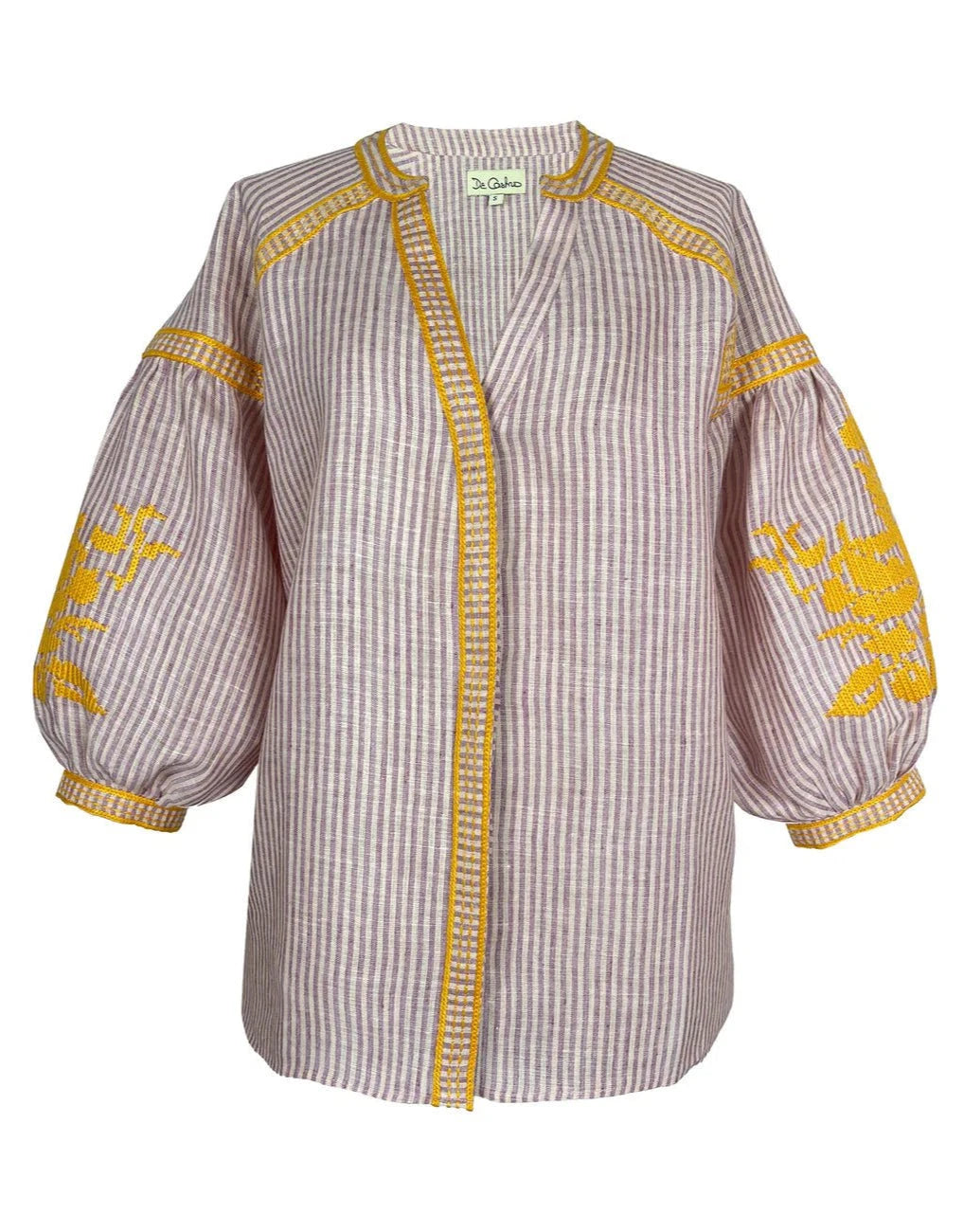 De Castro Top Pink Stripe Blouse with Mustard Embroidery