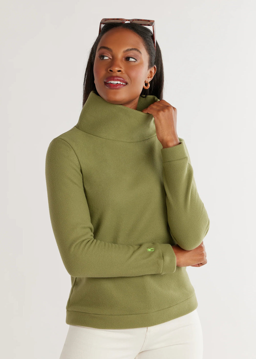 Dudley Stephens Sweater Park Slope Turtleneck in Army Green Vello Fleece
