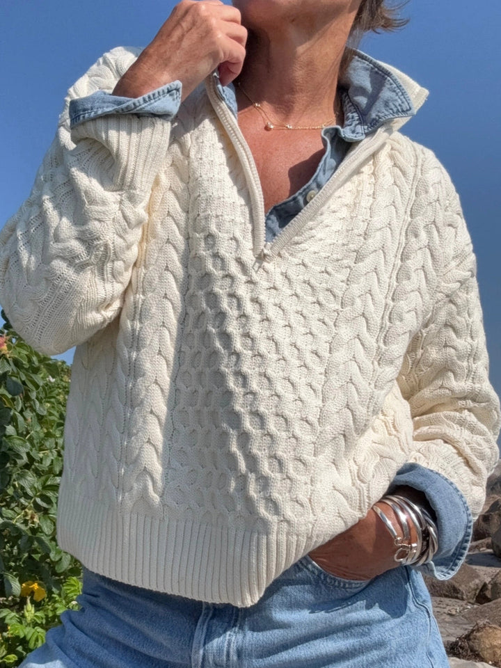 Half Zip Cable Sweater in Ivory